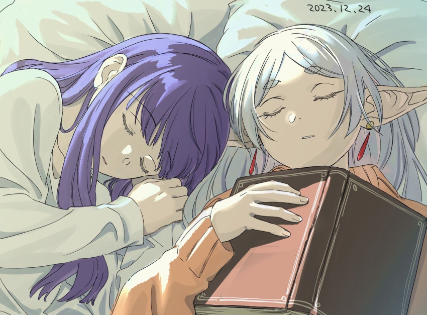 2girls, book, closed_eyes, dangle_earrings, dated, earrings, elf, fern_(sousou_no_frieren)
