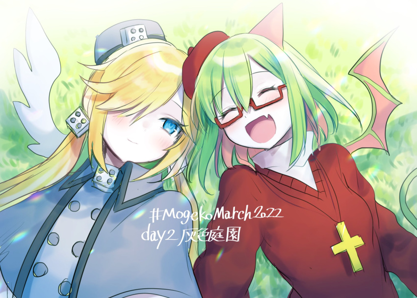 243_kou, 2girls, ^_^, angel, beret, blue_eyes, capelet, closed_eyes