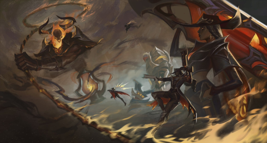 armor, axe, battle, black_coat, black_hair, black_jacket, black_pants, bridal_gauntlets