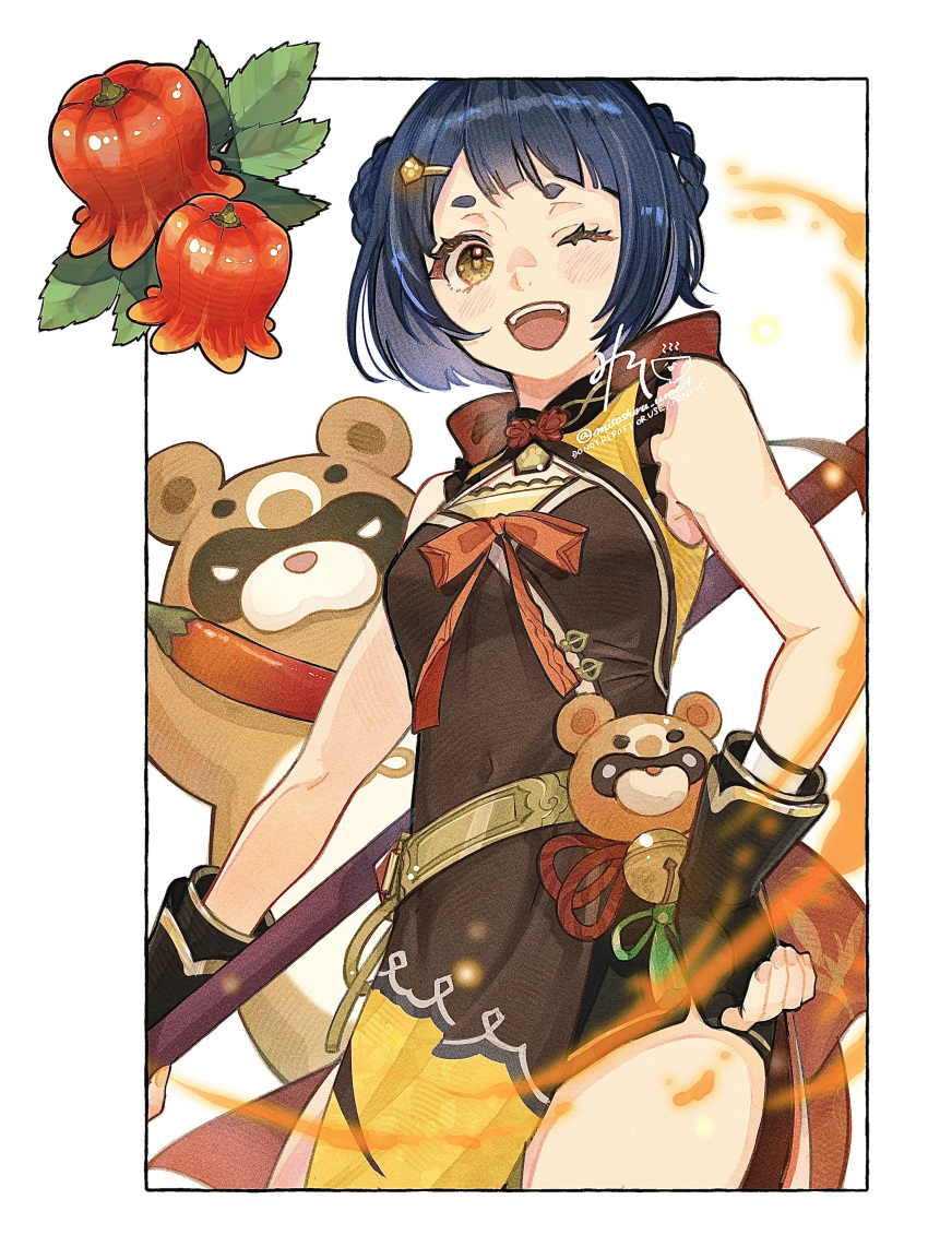 1girl, ;d, absurdres, artist_name, bare_shoulders, bell, belt, black_gloves, black_shorts, blue_hair, blush, border, bow, bowtie, braid, braided_hair_rings, brown_dress, chili_pepper, china_dress, chinese_clothes, cleavage_cutout, clothing_cutout, commentary_request, contrapposto, covered_navel, cowboy_shot, dark_blue_hair, dress, eyelashes, fingerless_gloves, fire, food, frilled_dress, frills, genshin_impact, gloves, guoba_(genshin_impact), hair_ornament, hairclip, hand_on_own_hip, highres, holding, holding_polearm, holding_weapon, jingle_bell, jueyun_chili_pepper_(genshin_impact), looking_at_viewer, misoshiru_umai4, one_eye_closed, open_mouth, pelvic_curtain, polearm, red_bow, red_bowtie, short_hair, short_shorts, shorts, sidelocks, simple_background, sleeveless, sleeveless_dress, smile, solo, standing, tassel, teeth, twin_braids, twitter_username, upper_teeth_only, watermark, weapon, white_background, white_border, xiangling_(genshin_impact), yellow_eyes