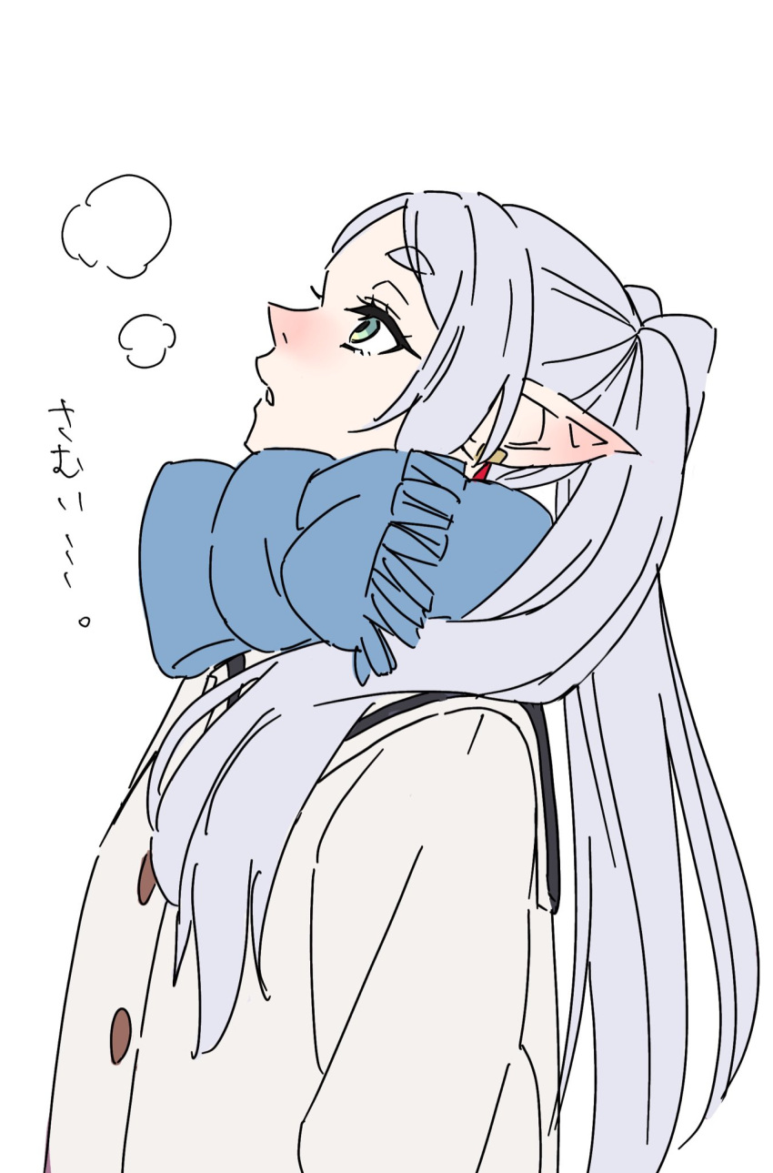 1girl, ayamame, blue_eyes, blue_scarf, breath, coat, commentary, elf