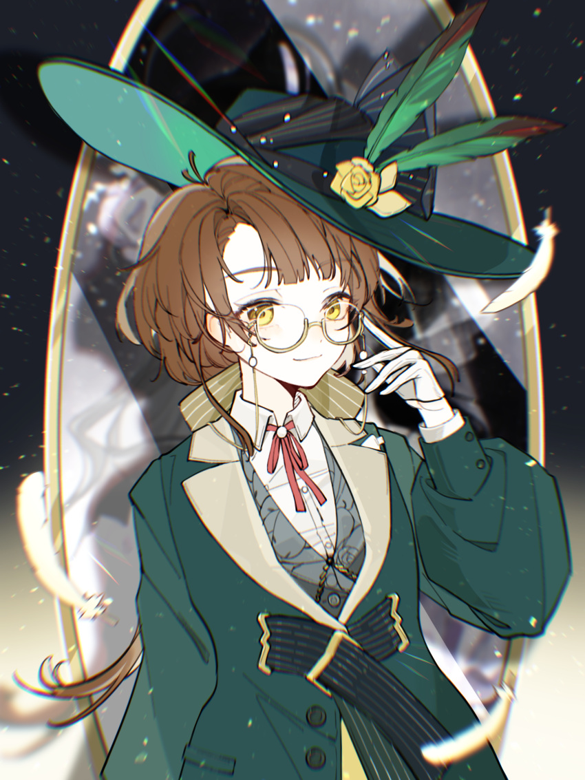 1girl, absurdres, adjusting_eyewear, against_mirror, black_background, bow, brown_hair, chromatic_aberration