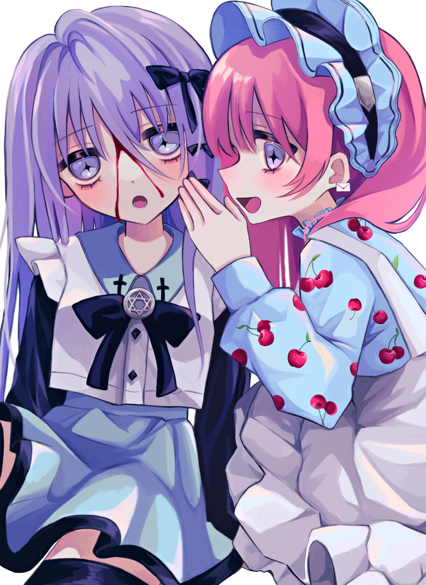 +_+, 2girls, absurdres, aqua_collar, aqua_skirt, arms_at_sides, black_ribbon, black_sleeves, black_thighhighs, black_trim, blood, blood_on_face, blue_headwear, blue_shirt, bonnet, buttons, cherry_print, collared_shirt, dress, earrings, envelope_earrings, food_print, frilled_bonnet, frilled_dress, frilled_shirt, frills, fruit_print, highres, jewelry, long_hair, long_sleeves, looking_at_viewer, looking_up, lower_teeth_only, multiple_girls, neck_ribbon, open_mouth, original, pink_hair, purple_hair, ribbon, shirt, shizumu_(shi_zumu), skirt, smile, teeth, thigh-highs, turtleneck, violet_eyes, white_dress, white_shirt