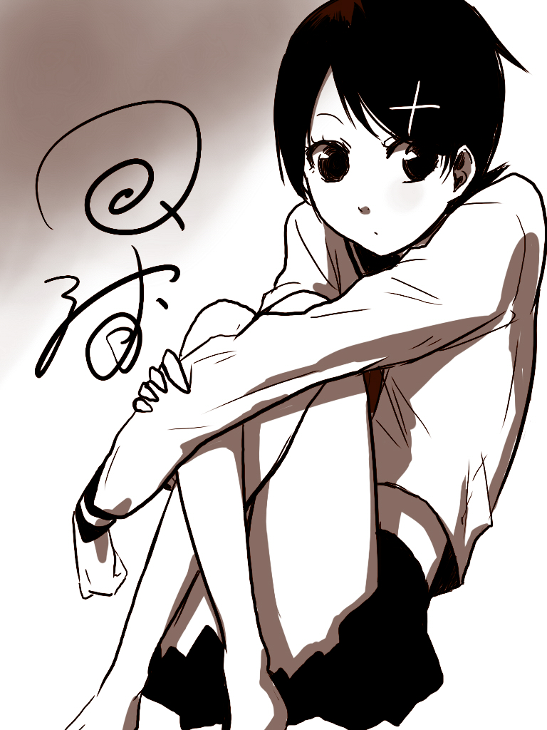black_eyes, black_hair, crossed_legs, eyelashes, fuura_kafuka, hair_ornament, hairclip, leg_hug
