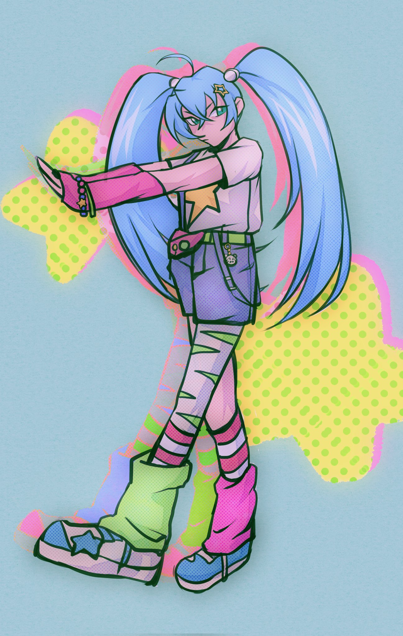 1girl, alternate_costume, arm_warmers, arms_up, asymmetrical_legwear, bakugan, beads, belt