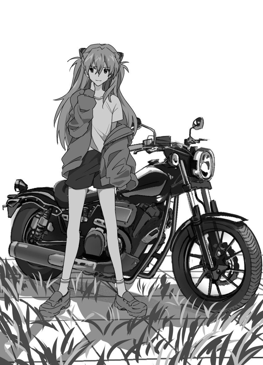 1girl, 7ben9i, absurdres, closed_mouth, full_body, grass, greyscale, hair_between_eyes