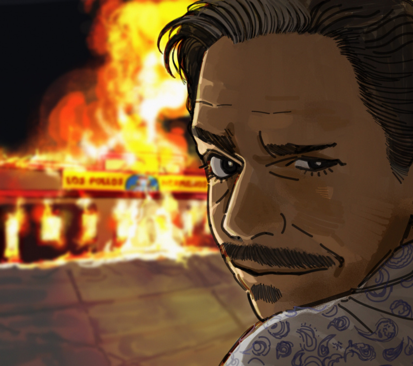 1boy, absurdres, better_call_saul, breaking_bad, building, disaster_girl_(meme), facial_hair, fire