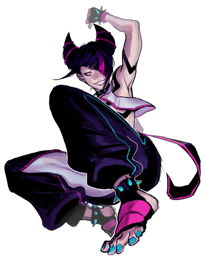 1girl, absurdres, aqua_nails, arm_up, armpits, black_hair, bracelet, commentary