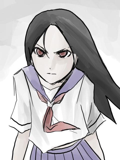 angry, black_hair, faux_traditional_media, kitsu_chiri, long_hair, parted_bangs, red_eyes, richa_doa