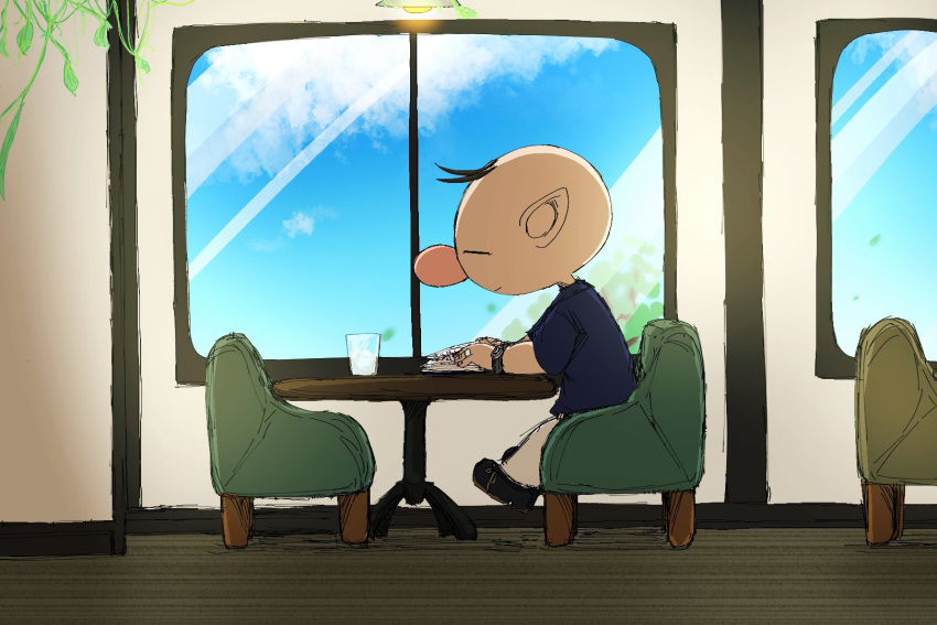 1boy, alternate_costume, armchair, arms_on_table, big_nose, black_footwear, blue_shirt, blue_sky, blue_sleeves, book, brown_hair, carpet, ceiling_light, chair, closed_eyes, closed_mouth, clouds, collared_shirt, commentary_request, day, expressionless, from_side, full_body, glass, highres, holding, holding_book, indoors, leaf, male_focus, olimar, on_chair, pants, pikmin_(series), pointy_ears, reading, restaurant, shirt, shoes, short_hair, short_sleeves, sitting, sky, solo, sunlight, tree, usuba_(hatomugip), very_short_hair, watch, watch, water, white_pants