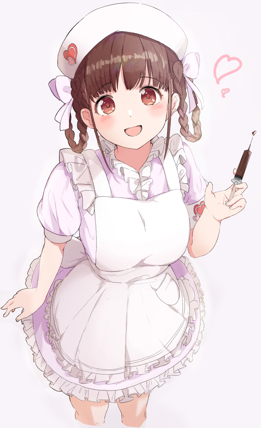 1girl, :d, absurdres, apron, blunt_bangs, bow, braided_hair_rings, brown_eyes