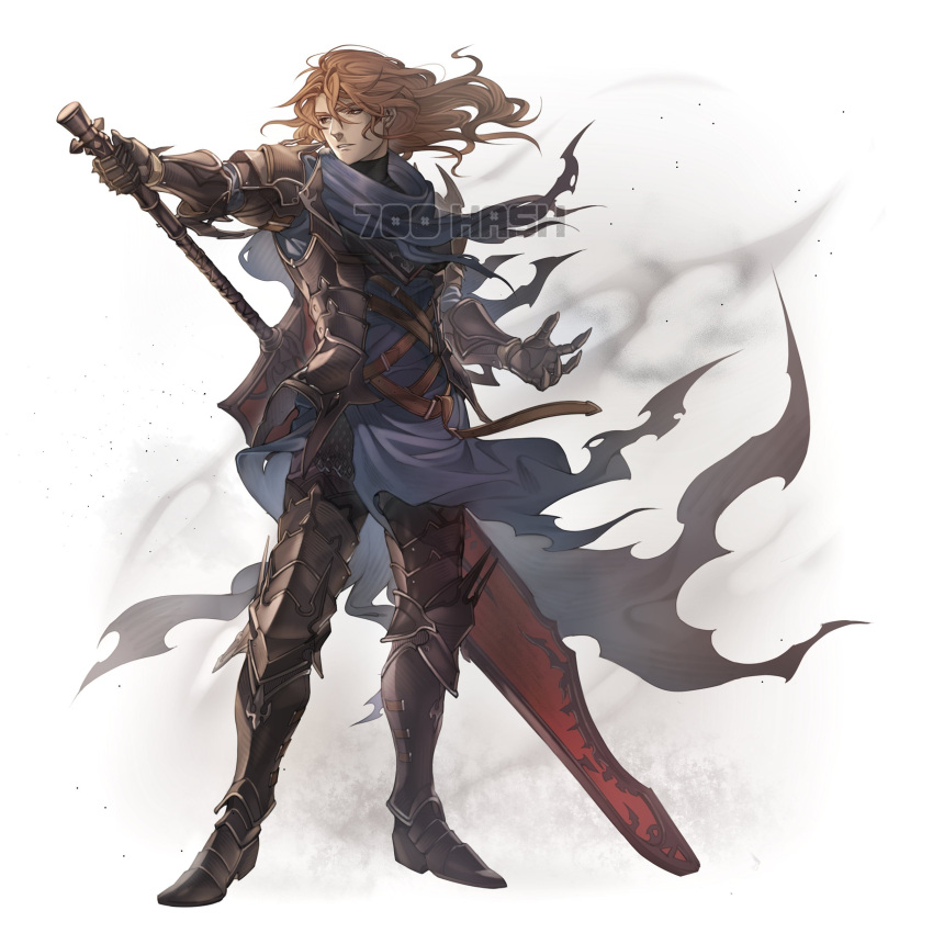 1boy, 700hash, absurdres, armor, artist_name, black_armor, black_cape, brown_hair, cape, closed_mouth, gauntlets, granblue_fantasy, highres, holding, holding_weapon, long_hair, male_focus, siegfried_(granblue_fantasy), simple_background, solo, sword, torn_cape, torn_clothes, weapon, white_background