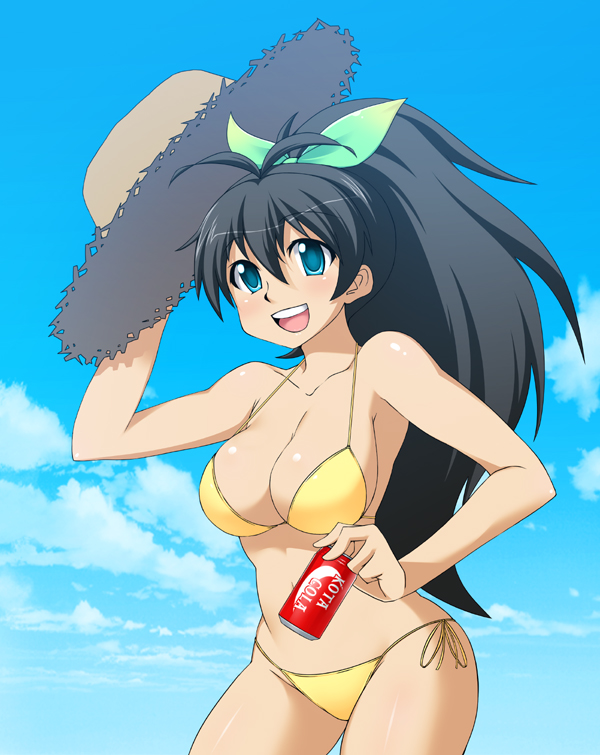 black_hair, blue_eyes, brand_name_parody, breasts, can, cleavage, cloud, colored