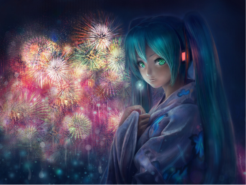 aerial_fireworks, aqua_hair, fireworks, green_eyes, hatsune_miku, japanese_clothes, long_hair, night