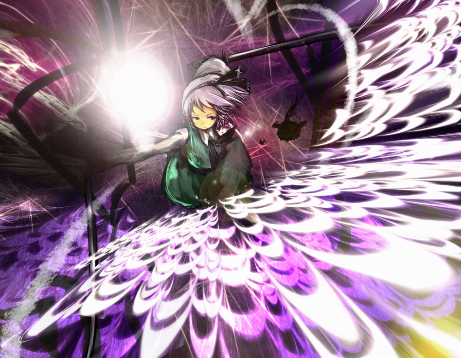 danmaku, grey_hair, hairband, konpaku_youmu, ribbon, sharurii, short_hair, sword