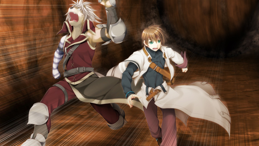 2boys, alto_travers, animal_feet, animal_hands, armor, atelier-moo, belt, brown_hair