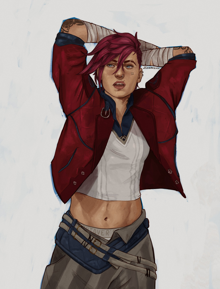 1girl, absurdres, arcane:_league_of_legends, arcane_vi, arm_tattoo, arms_behind_head, bandaged_arm, bandages, belt, blue_eyes, evanezco99, grey_pants, highres, jacket, league_of_legends, long_sleeves, midriff, navel, nose_piercing, open_mouth, pants, piercing, red_jacket, redhead, roman_numeral, shirt, simple_background, solo, striped_clothes, striped_pants, tattoo, twitter_username, upper_body, vi_(league_of_legends), white_background, white_shirt