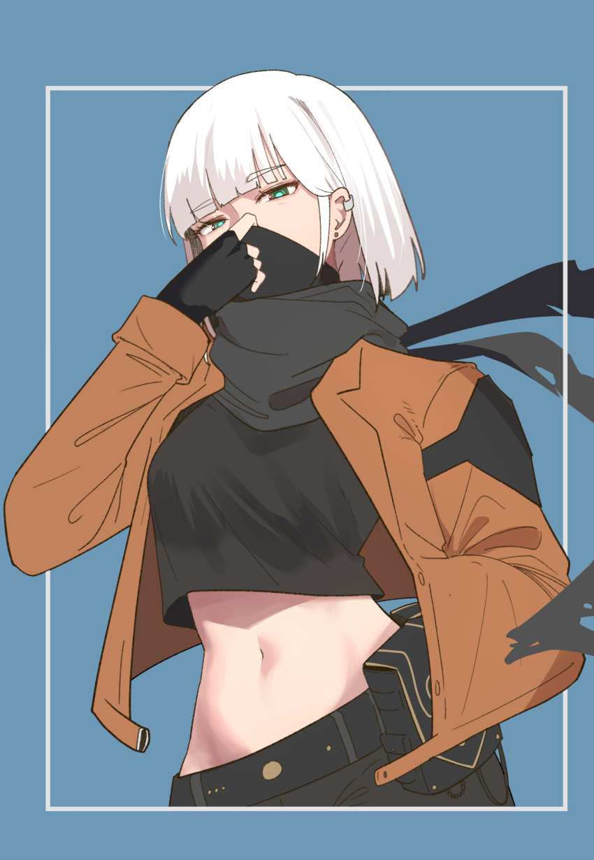 1girl, absurdres, adjusting_mask, aqua_eyes, belt, belt_pouch, black_belt, black_gloves, black_shirt, blue_background, blue_pupils, blunt_bangs, breasts, crop_top, earrings, fingerless_gloves, floating_scarf, gloves, grey_scarf, hand_in_pocket, hand_up, highres, jacket, jewelry, korean_commentary, long_sleeves, maplestory, mask, medium_breasts, mouth_mask, multiple_earrings, navel, open_clothes, open_jacket, orange_jacket, orangewink, pouch, scarf, shadower_(maplestory), shirt, short_hair, solo, torn_clothes, torn_scarf, white_hair