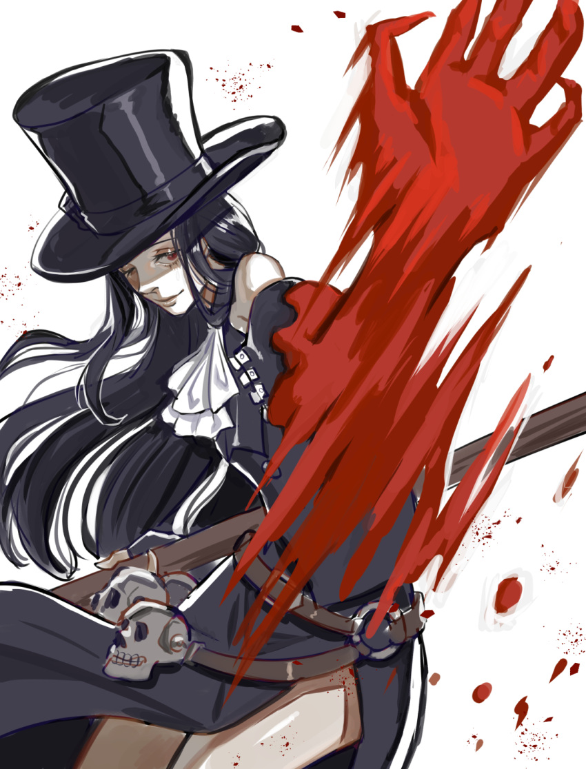 1other, ascot, bare_shoulders, black_hair, gloves, guilty_gear, guilty_gear_strive, hat