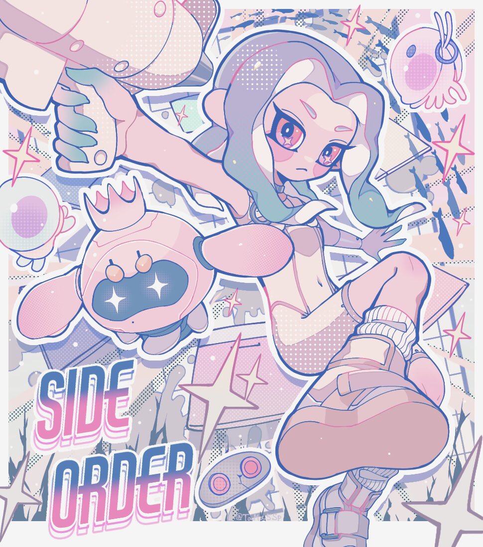2girls, :<, agent_8_(splatoon), ankle_socks, blue_hair, blush_stickers, bodysuit, boots