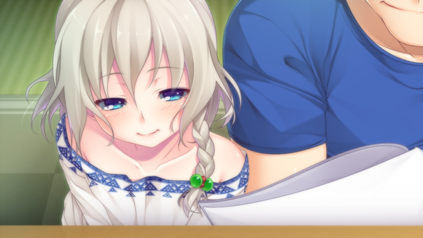 1boy, 1girl, age_difference, amane_shiori, bare_shoulders, blue_eyes, blue_shirt, blush