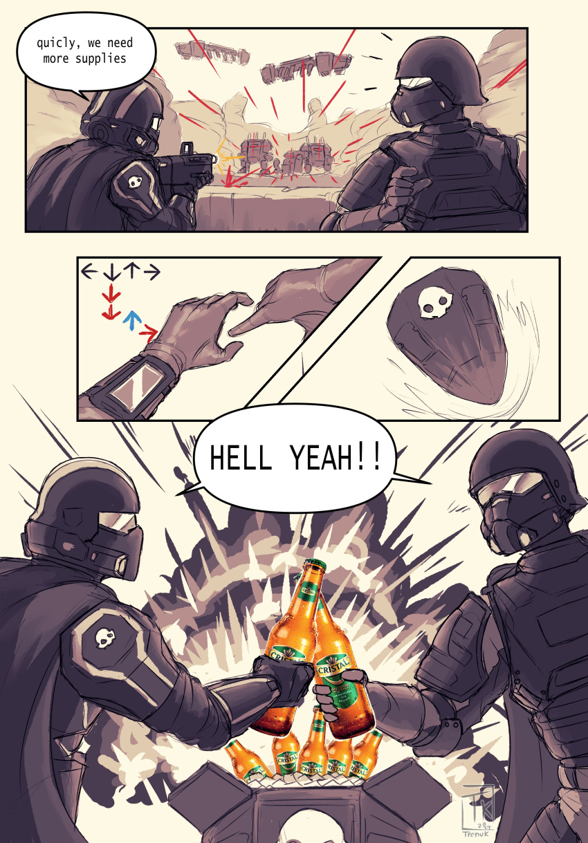 2others, absurdres, armor, artist_name, assault_rifle, automaton_(helldivers), battle, beer_bottle, bottle, breastplate, cape, cerveza_cristal, drop_pod, dropship, el_trenuk, english_commentary, english_text, explosion, full_armor, gameplay_mechanics, gas_mask, gloves, gun, helldivers_(series), helmet, highres, holding, holding_bottle, holding_weapon, hulk_(helldivers), mask, multiple_others, outdoors, rifle, shared_speech_bubble, speech_bubble, weapon, wrist_computer
