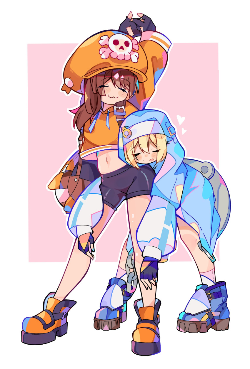 2girls, absurdres, androgyne_symbol, bee_sempai, bike_shorts, blonde_hair, bridget_(guilty_gear), brown_hair
