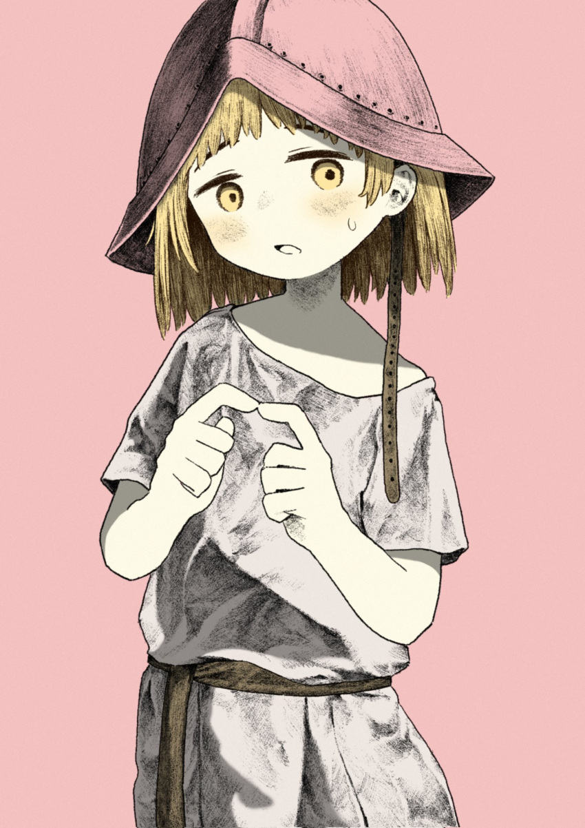 1girl, blonde_hair, blush, child, helmet, highres, index_fingers_together, kilsturgeon