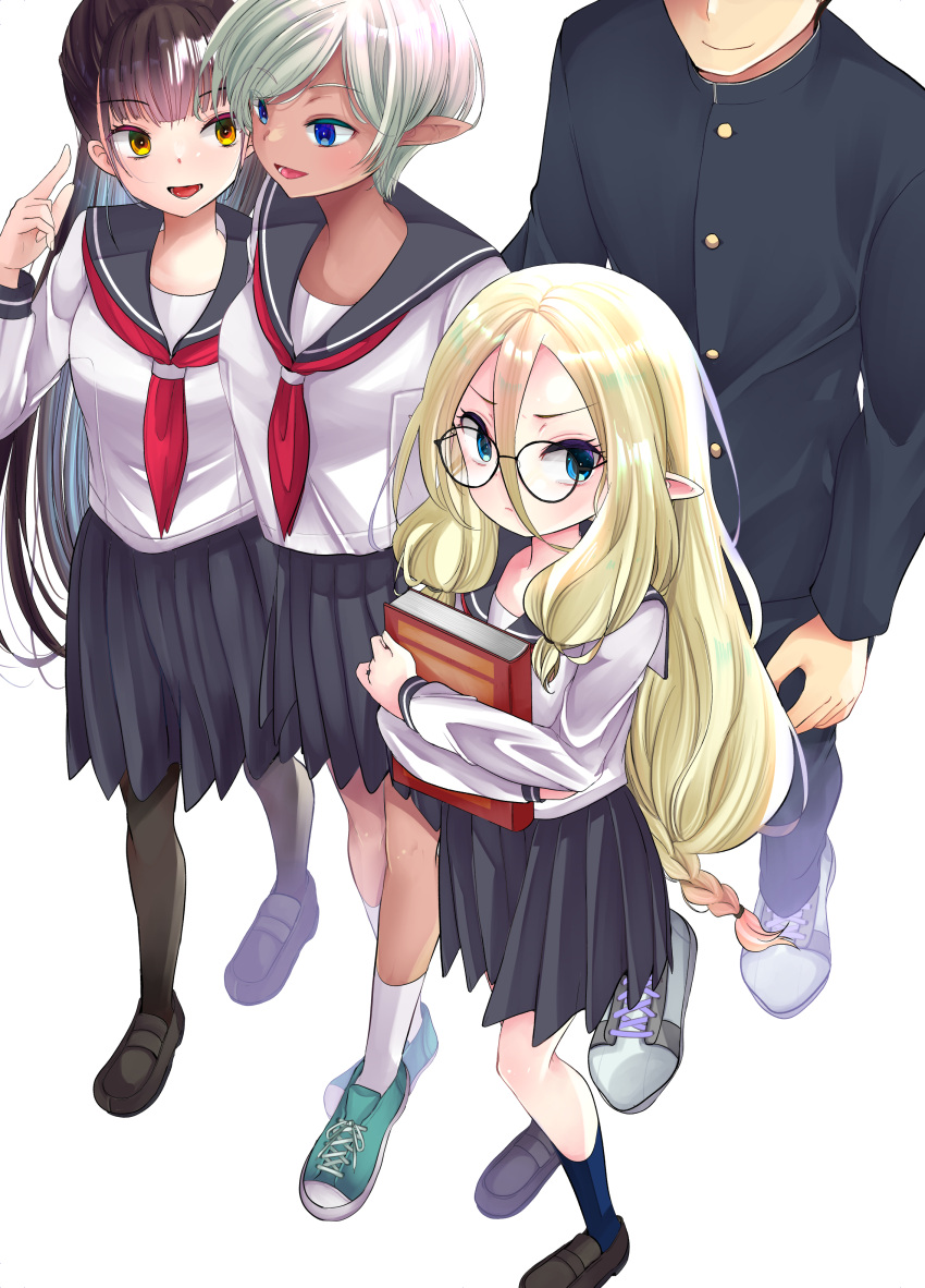 1boy, 3girls, absurdres, black_hair, blonde_hair, blue_eyes, blue_skirt, book, braid, character_request, dark-skinned_female, dark_skin, elf, elf-senpai_wa_xxxx_shitai, gakuran, glasses, grey_hair, hair_between_eyes, highres, holding, holding_book, kameyoshi_ichiko, loafers, long_hair, long_sleeves, looking_at_viewer, low-braided_long_hair, low-tied_long_hair, multiple_girls, neckerchief, open_mouth, orange_eyes, pleated_skirt, pointy_ears, red_neckerchief, school_uniform, serafuku, shoes, simple_background, skirt, socks, walking, white_background