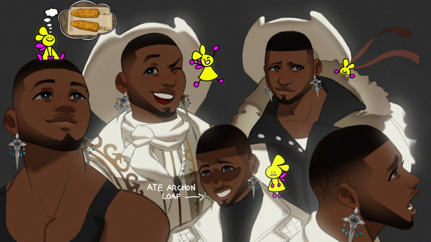 beard_stubble, black_collar_shirt, black_turtle_neck, black_whitebeater, coat, dark-grey_background, expressions, facial_hair, fade_(haircut), fairy, final_fantasy, final_fantasy_xiv, fur_coat, highres, light_smile, male_focus, multiple_boys, multiple_expressions, mustache_stubble, nervous_smile, open_collar_vest, original, pointy_earrings, raised_eyebrows, scarf, selene_(ff14), sketchywindow, smile, stubble, thick_eyebrows, white_cowboy_hat, white_cowboy_outfit, white_scarf, wide-eyes