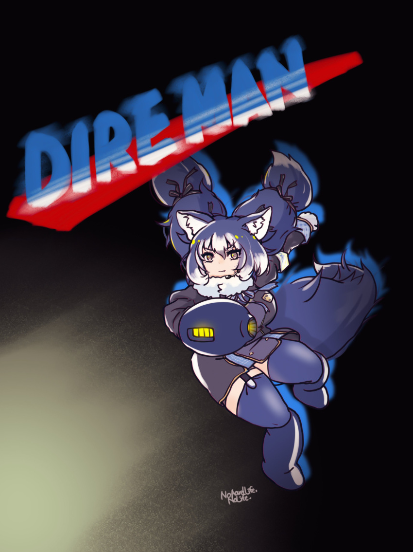 1girl, absurdres, animal_ears, blue_hair, dire_wolf_(kemono_friends), extra_ears, garter_straps, gloves, grey_eyes, highres, hiro_maji, jacket, kemono_friends, kemono_friends_v_project, looking_at_viewer, mega_man_(series), parody, ribbon, scarf, simple_background, skirt, solo, tail, thigh-highs, twintails, virtual_youtuber, weapon, wolf_ears, wolf_girl, wolf_tail