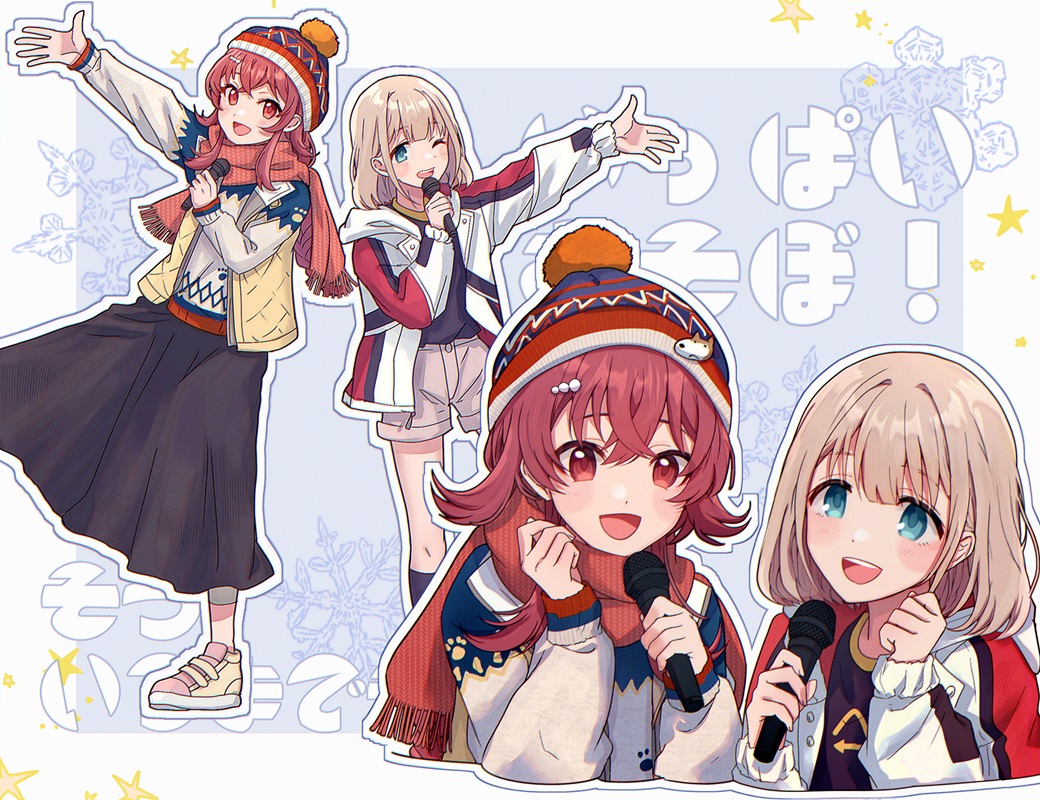 2girls, ;d, arm_up, beanie, black_skirt, blush, commentary_request, cropped_torso, grey_hair, grey_shorts, hat, holding, holding_microphone, hood, hooded_jacket, idolmaster, idolmaster_shiny_colors, jacket, komiya_kaho, long_skirt, looking_at_viewer, microphone, multicolored_clothes, multicolored_jacket, multiple_girls, one_eye_closed, orange_scarf, otakunocamp, outline, outstretched_arm, redhead, scarf, serizawa_asahi, shorts, skirt, smile, translation_request, upper_body, white_outline