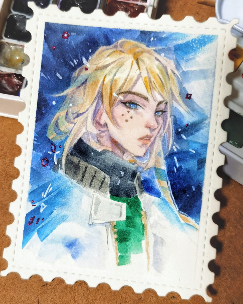 1girl, animification, art_tools_in_frame, blonde_hair, blue_eyes, chongmingggg, deadlock_(valorant), green_sweater