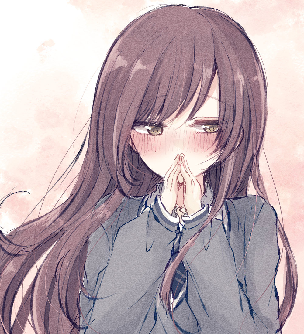 1girl, averting_eyes, ba_ra_ran, black_necktie, blush, brown_hair, covered_mouth, grey_car