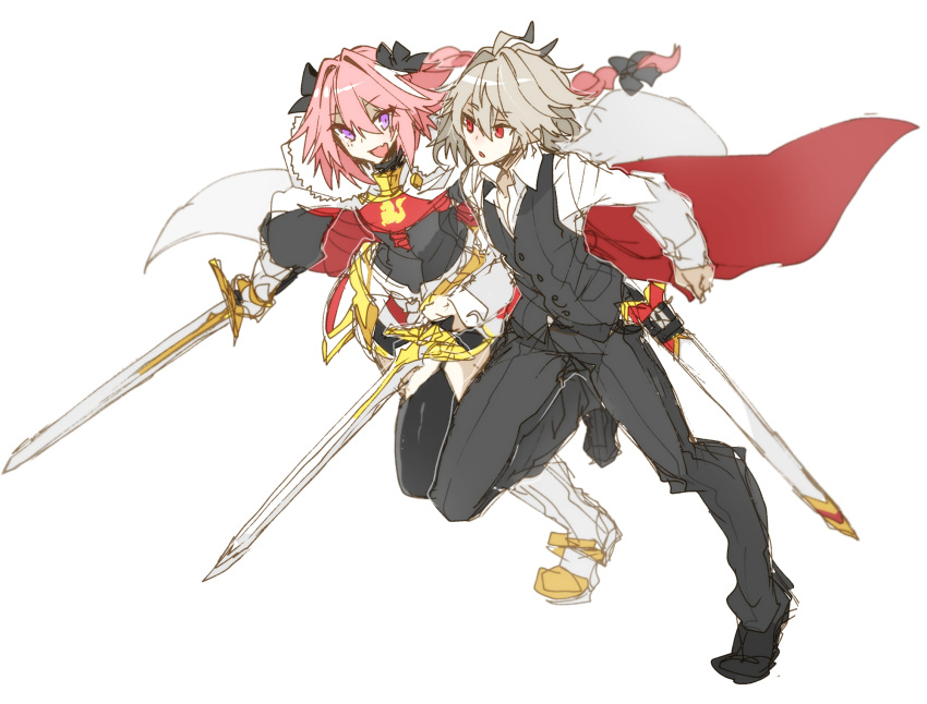 2boys, ahoge, armored_skirt, astolfo_(fate), black_bow, black_footwear, black_pants, black_shirt