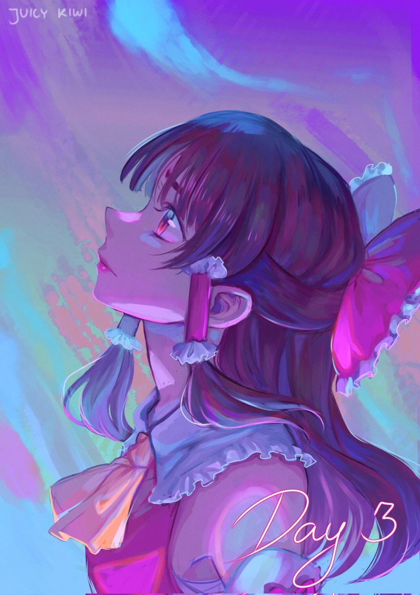 1girl, artist_name, ascot, bow, brown_hair, corrupted_twitter_file, detached_sleeves, english_commentary