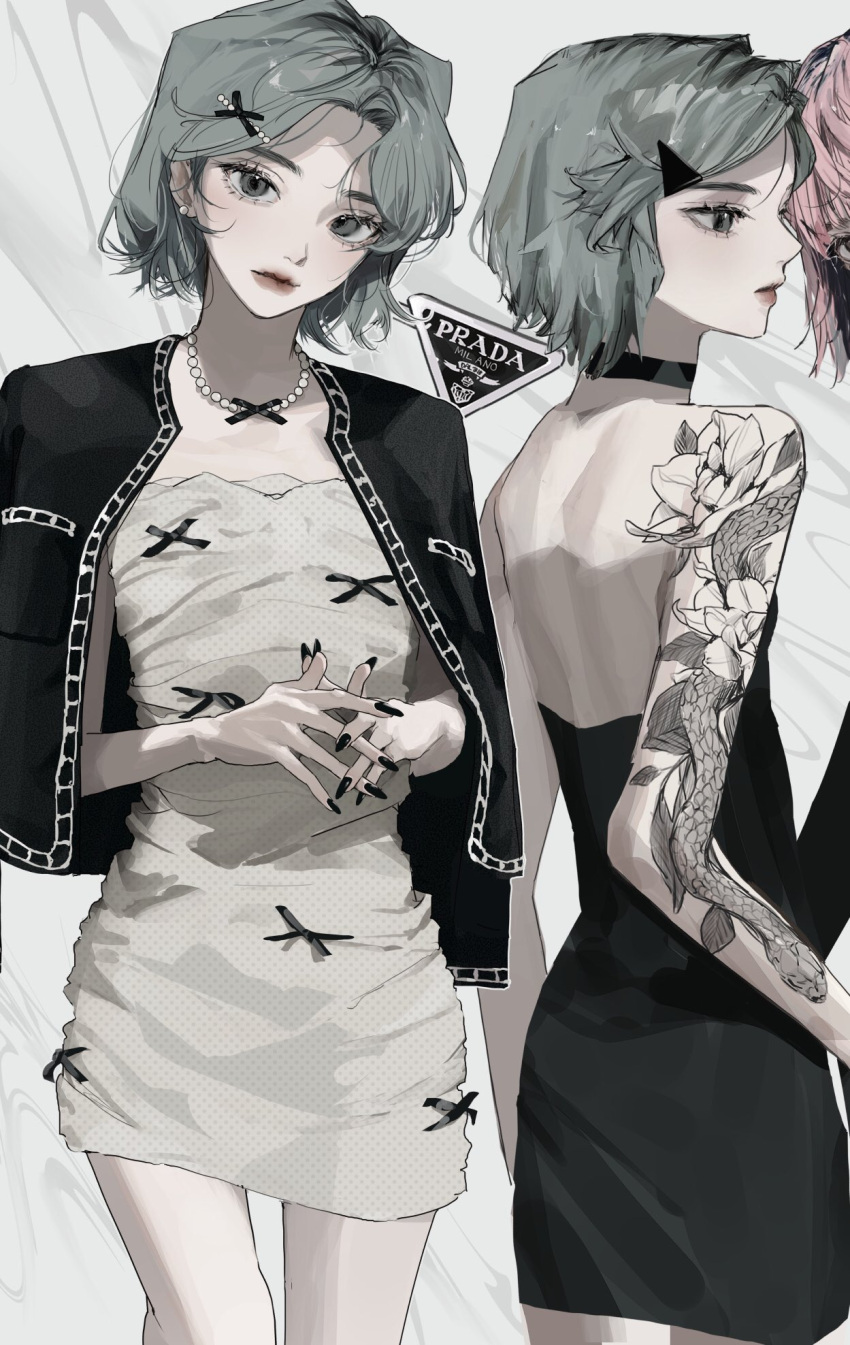 2girls, aqua_hair, arm_tattoo, back, black_choker, black_dress, black_jacket, black_nails