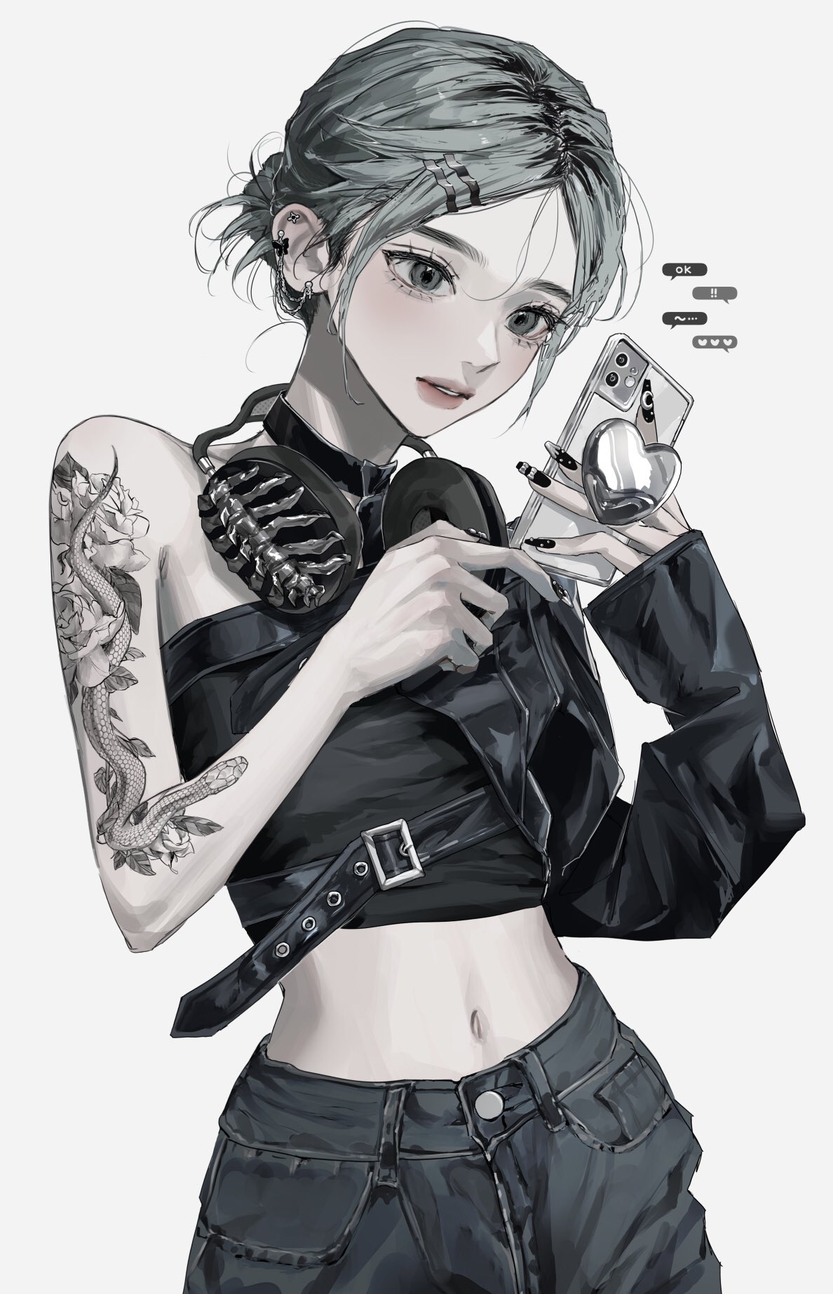 1girl, arm_tattoo, black_choker, black_nails, black_tube_top, cellphone, choker, cowboy_shot