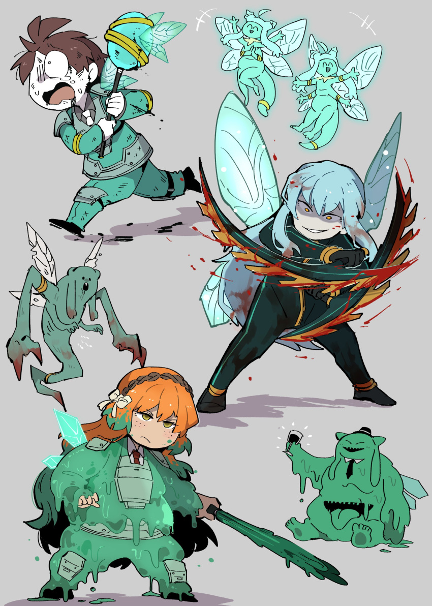 1other, 2girls, absurdres, angela_(project_moon), armor, artist_request, baton_(weapon), black_footwear