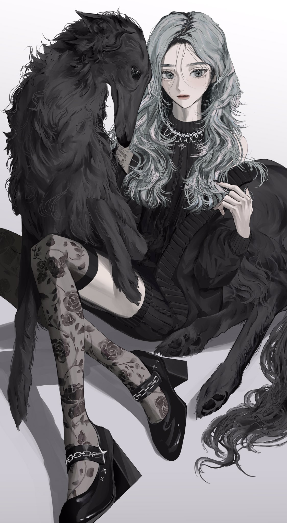 1girl, animal, bare_shoulders, black_dog, black_dress, black_footwear, black_jacket, black_nails, black_thighhighs, borzoi, cable_knit, closed_mouth, dress, floral_print, full_body, grey_eyes, grey_hair, high_heels, highres, jacket, jewelry, kirochy, knit_dress, long_hair, long_sleeves, looking_at_viewer, necklace, off_shoulder, open_clothes, open_jacket, original, over-kneehighs, pet, print_thighhighs, see-through, see-through_legwear, shoes, short_dress, simple_background, sitting, sleeveless, sleeveless_dress, solo, star-shaped_pupils, star_(symbol), symbol-shaped_pupils, thigh-highs, wavy_hair, white_background