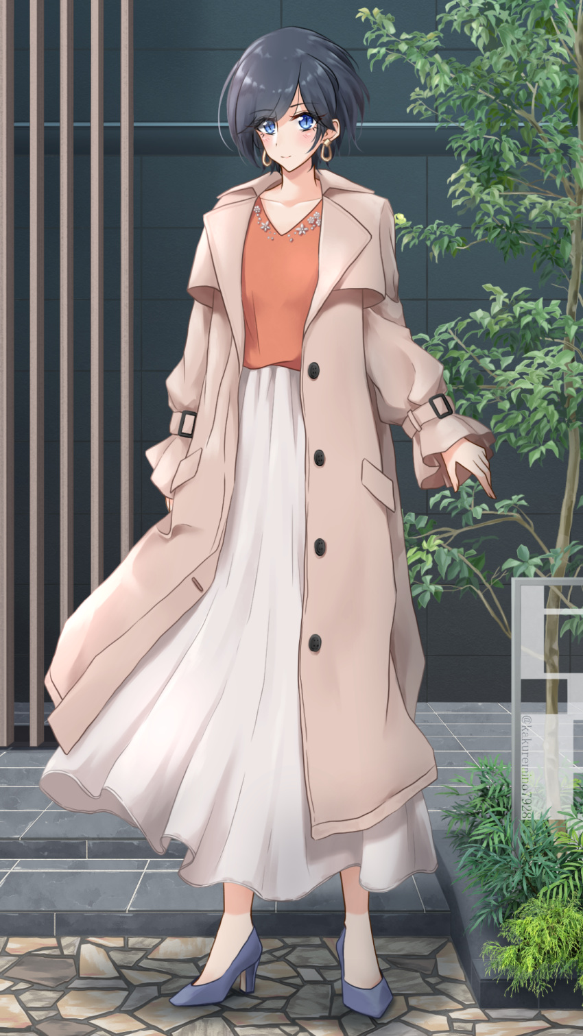 1girl, arm_at_side, bare_legs, black_hair, blue_eyes, blue_footwear, brown_coat, closed_mouth