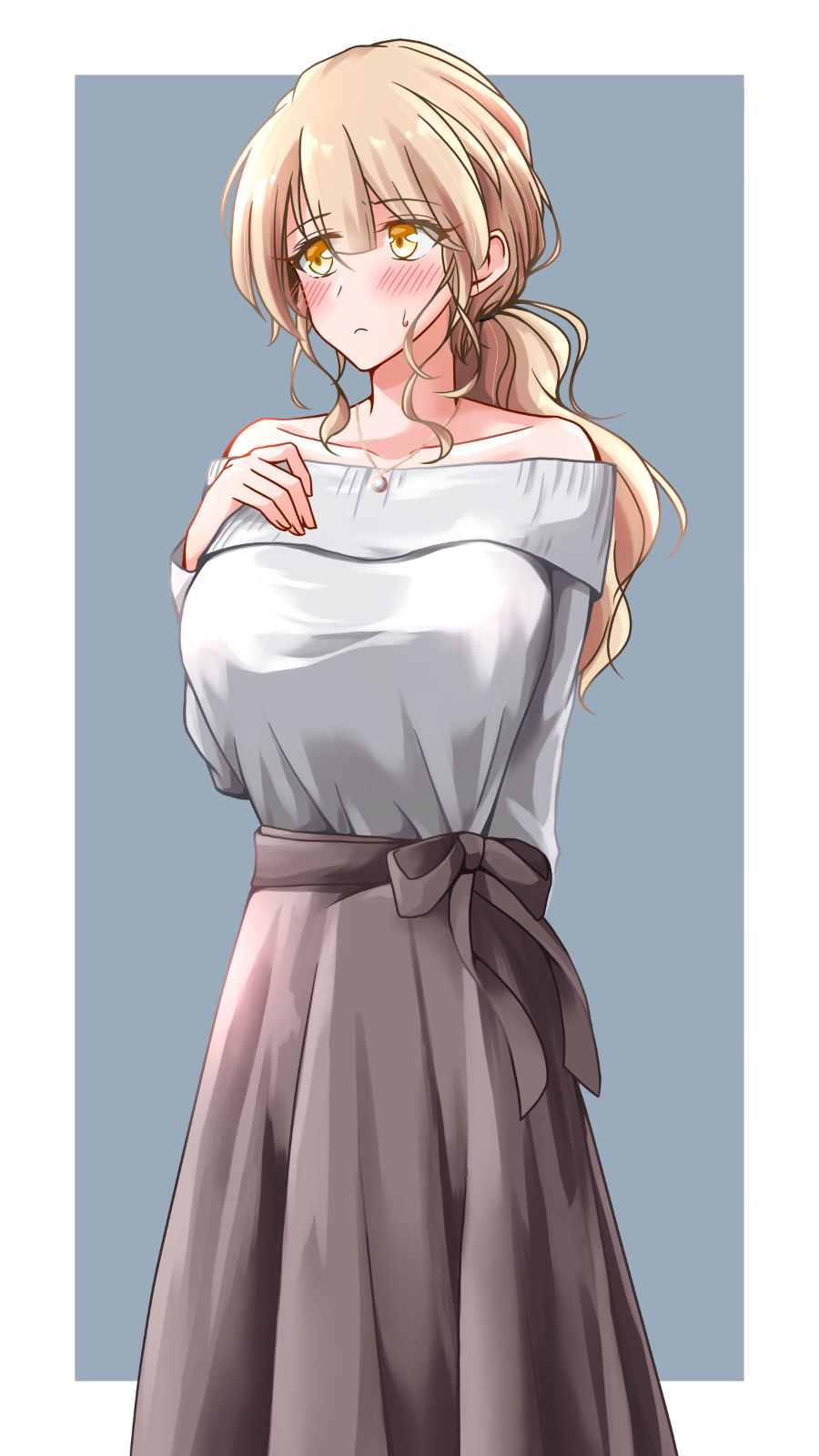 1girl, arm_behind_back, bare_shoulders, blonde_hair, blush, border, breasts, brown_skirt