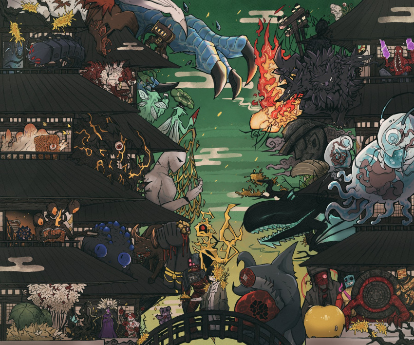 1boy, alleyway_watchdog_(project_moon), ambling_pearl, ardor_blossom_moth, baba_yaga_(project_moon), basilisoup, black_hair, blubbering_toad_(project_moon)