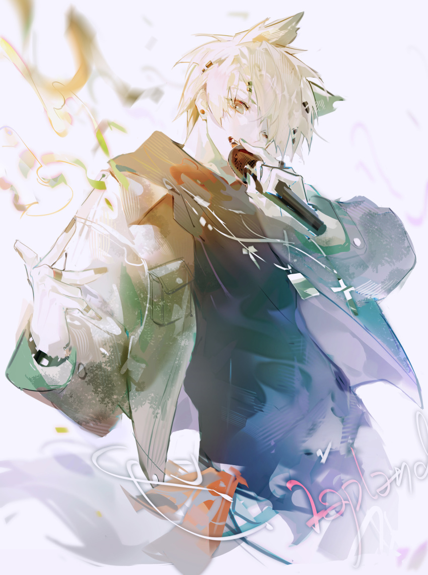 1boy, absurdres, animal_ears, arknights, bishounen, black_bracelet, black_nails, black_scarf, black_shirt, buttons, character_name, commentary, cowboy_shot, cross, cross_necklace, earrings, eyelashes, fang, genderswap, genderswap_(ftm), grey_eyes, grey_jacket, grey_sleeves, hair_ornament, hairclip, highres, holding, holding_microphone, jacket, jewelry, lappland_(arknights), long_sleeves, male_focus, microphone, nail_hair_ornament, name_tag, necklace, one_eye_closed, open_clothes, open_jacket, open_mouth, pocket, ring, ruoganzhao, scarf, shirt, short_hair, simple_background, smile, solo, stud_earrings, teeth, upper_teeth_only, white_background, white_hair, wolf_ears