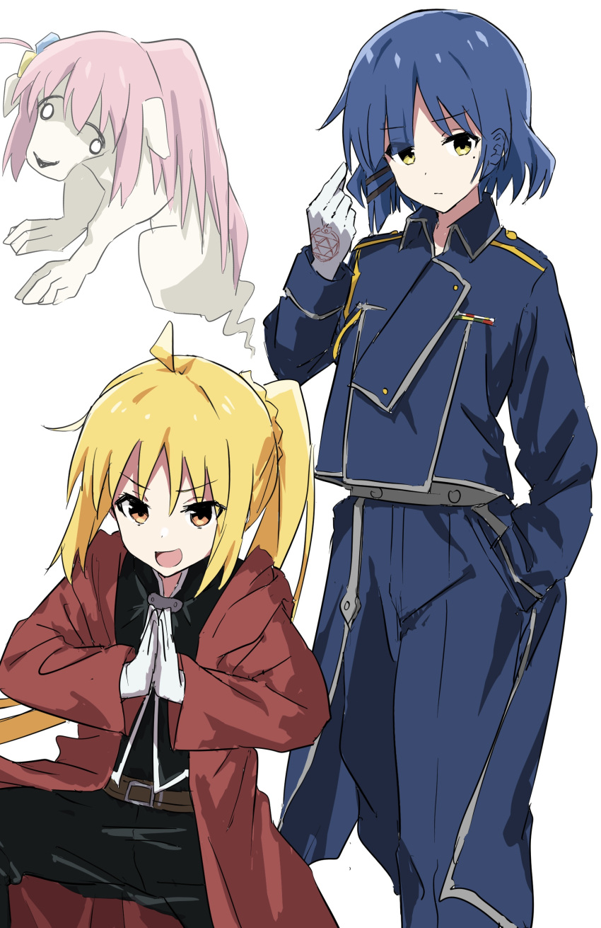 3girls, absurdres, ahoge, amestris_military_uniform, as_buppa, belt, black_jacket, blonde_hair