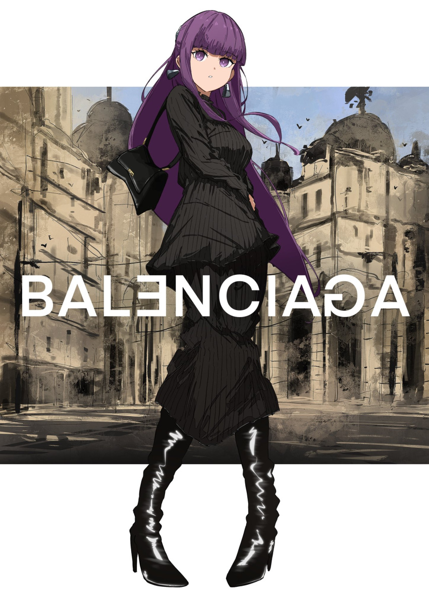 1girl, bag, balenciaga, black_dress, black_footwear, blunt_bangs, boots, contemporary