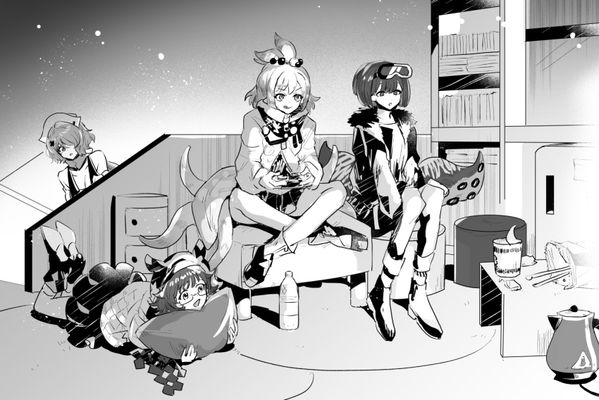 4girls, andreana_(arknights), arknights, bag_of_chips, bottle, chopsticks, controller, crossed_legs