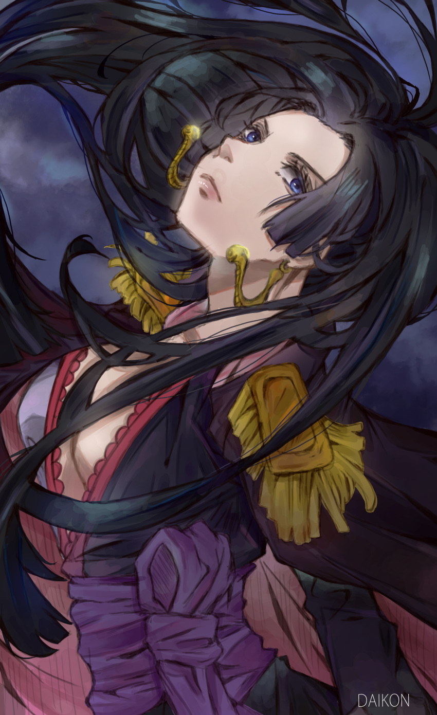 1girl, absurdres, artist_name, black_dress, black_hair, blue_eyes, boa_hancock, cape