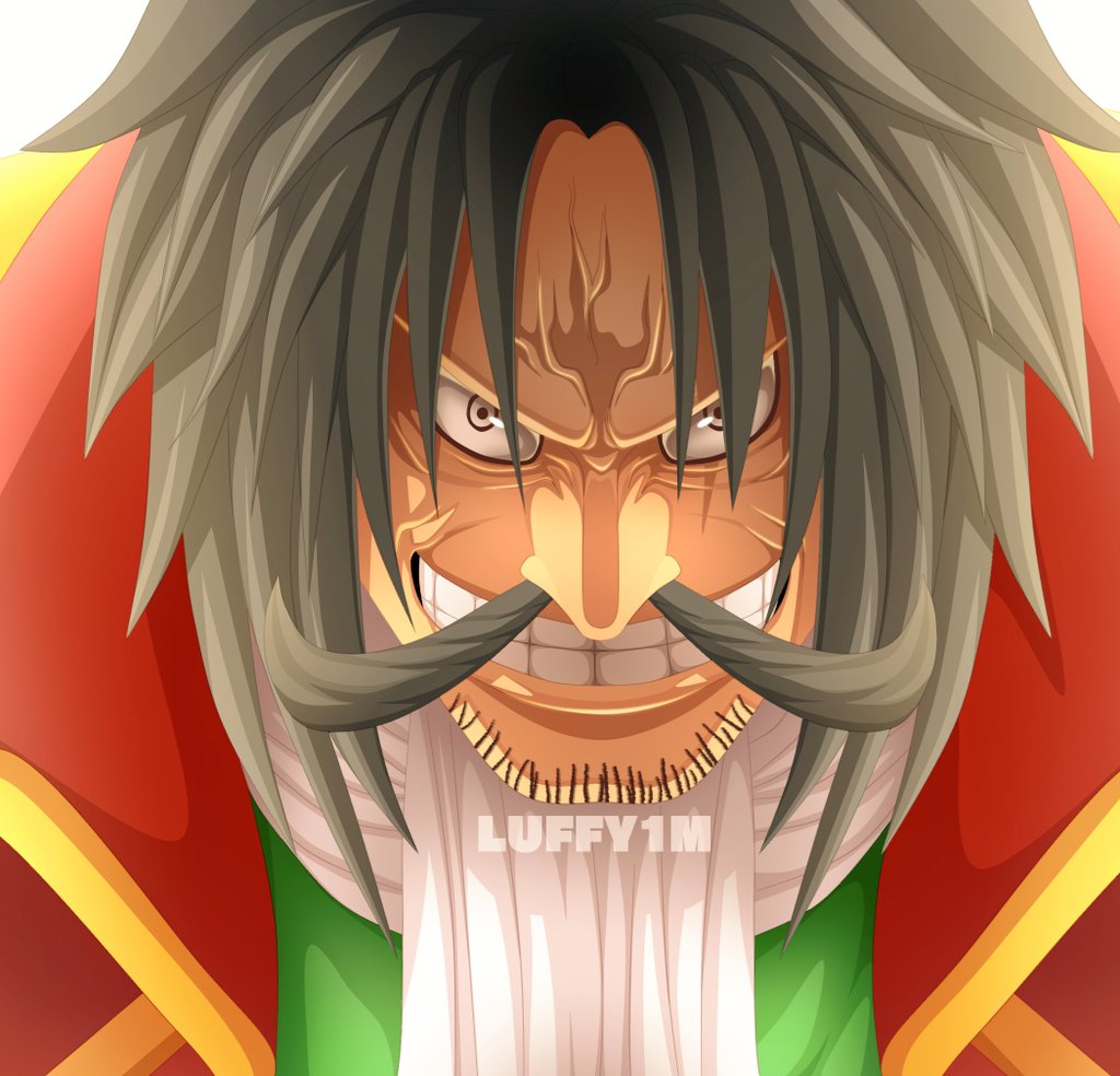 1boy, arabic_commentary, black_hair, clenched_teeth, commentary_request, facial_hair, gol_d._roger, hair_between_eyes