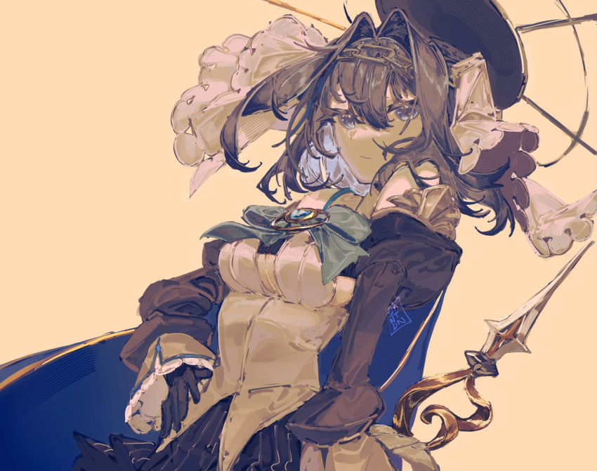 1girl, black_gloves, blue_eyes, blue_hair, breasts, brooch, chain, chain_headband